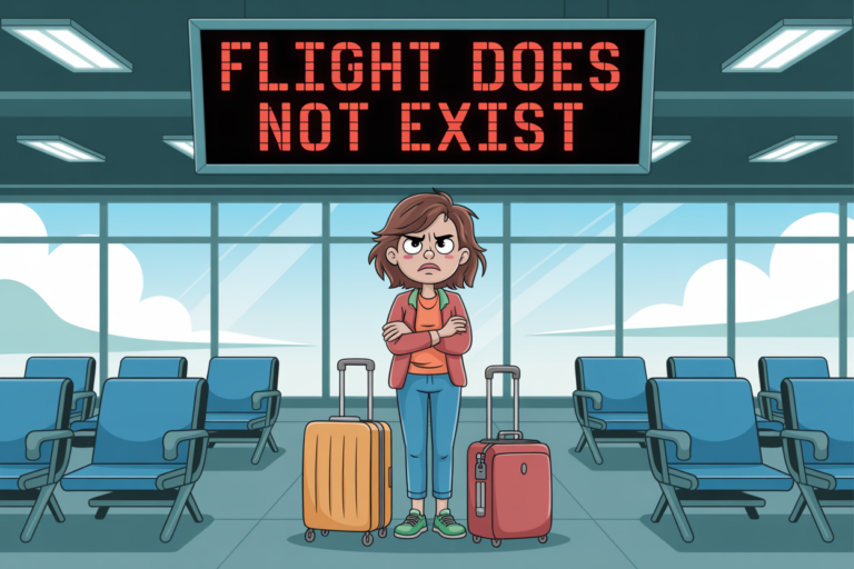 Cartoon of a frustrated traveler with arms crossed standing between two suitcases in an empty airport gate area, beneath a large red departures sign reading "FLIGHT DOES NOT EXIST."