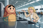 Cartoon of a distressed blonde traveler holding a ticket at an airport counter, gesturing in protest at a giant Russian nesting doll standing in place of an agent.
