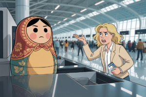 Cartoon of a distressed blonde traveler holding a ticket at an airport counter, gesturing in protest at a giant Russian nesting doll standing in place of an agent.