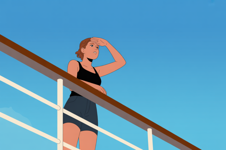 Illustration of a worried woman in a tank top standing at a cruise ship railing, shading her eyes with one hand as she scans the horizon against a clear blue sky.