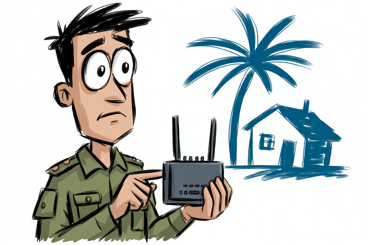 A cartoon servicemember in a green military uniform holds up his own black modem and router, pointing at it with a worried look, with a palm tree and small house sketched behind him to suggest a move to a new duty station.