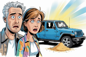 Cartoon of a shocked couple standing beside their blue rental Jeep, staring wide-eyed at a small pile of sand on the ground next to the vehicle's tire.