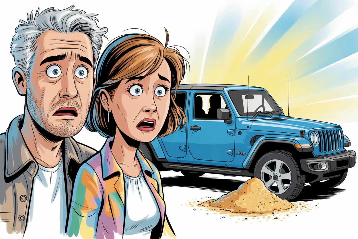 Cartoon of a shocked couple standing beside their blue rental Jeep, staring wide-eyed at a small pile of sand on the ground next to the vehicle's tire.
