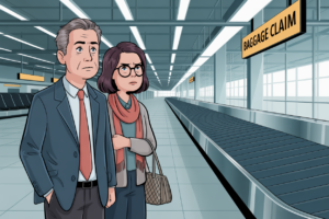 Illustration showing frustrated business class passengers standing next to their luggage while an Aer Lingus airplane flies away in the background, depicting the airline's failure to load priority-tagged baggage onto multiple consecutive flights despite tracking confirmation