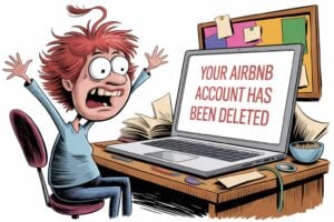Editorial cartoon showing a frantic red-haired person with hands raised in shock at a desk, screaming at a laptop displaying the message "Your Airbnb account has been deleted," illustrating the panic of losing access to a booking platform with no explanation