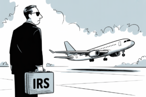 Editorial cartoon showing an IRS official in a dark suit holding a briefcase labeled "IRS" watching a commercial airplane taking off, depicting the tension between tax authorities and budget airlines seeking a tax holiday during the jet fuel crisis