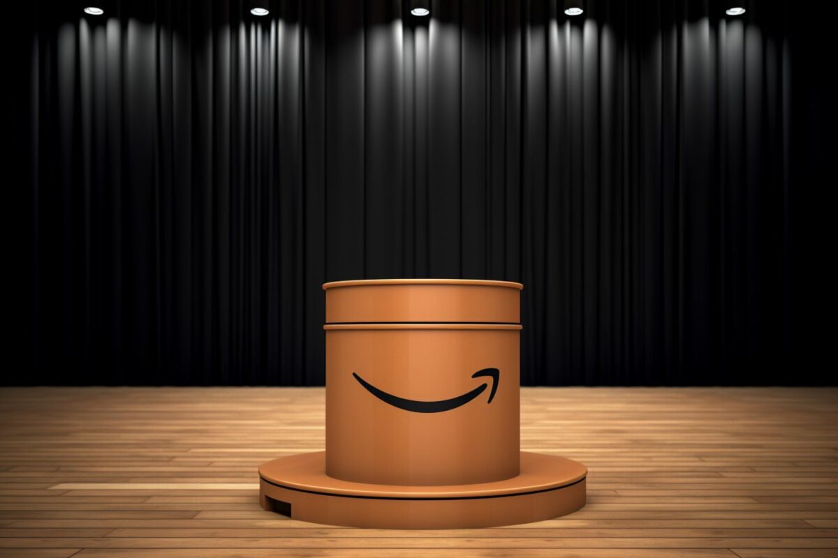 A podium with an Amazon logo on it. What will they say about the Amazon return package?