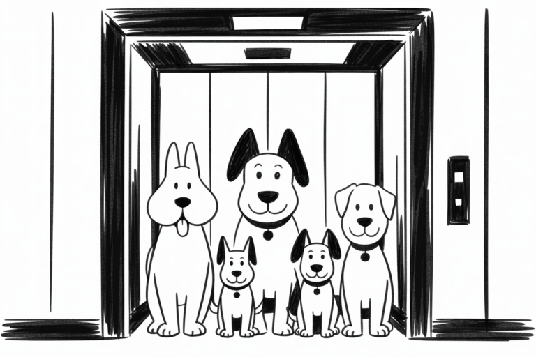 Five dogs of different sizes sitting together in an open hotel elevator