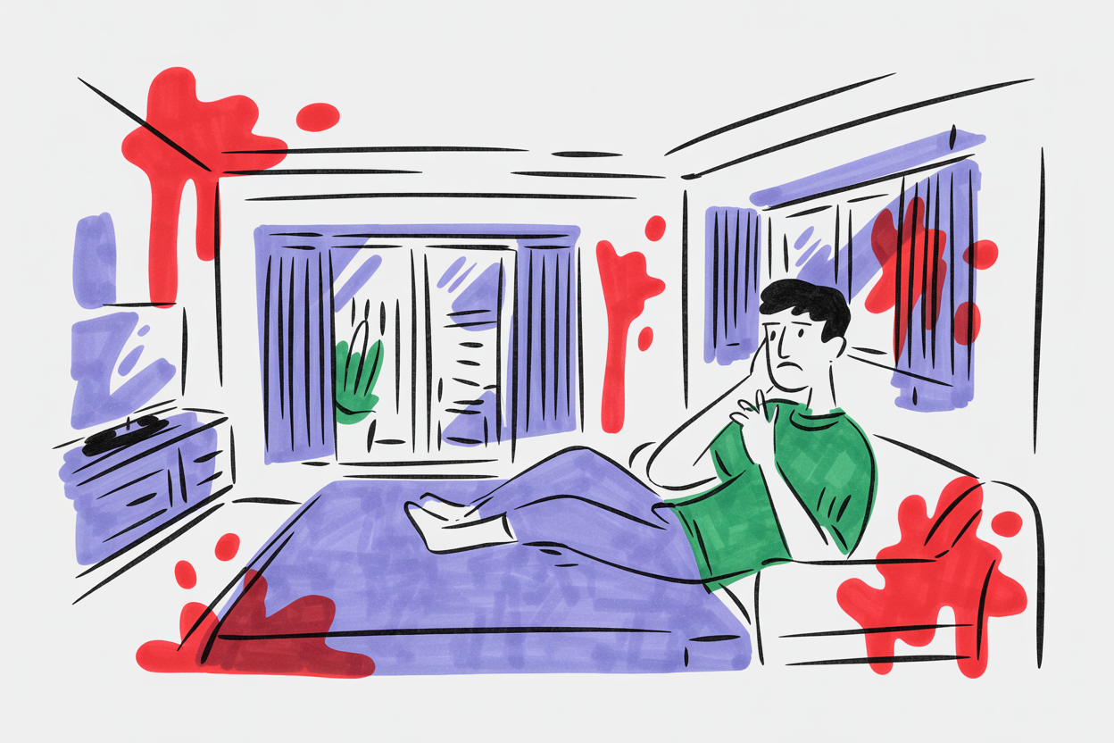 Guest sitting on a bed in a rented room with red stains spreading across the walls and floor