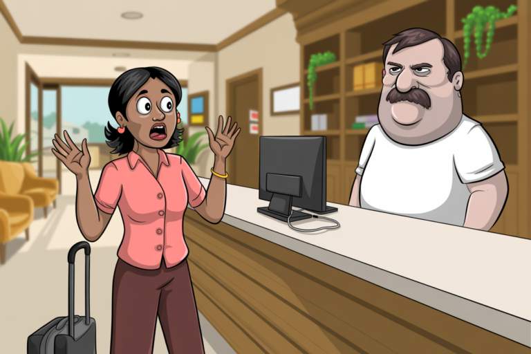 Cartoon of a dismayed traveler with a suitcase pleading at a reception desk while an unsmiling clerk stands with his arms folded.