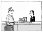 Editorial cartoon showing a smiling passenger with glasses holding a rolling suitcase at an airline check-in counter, where the agent's computer screen displays the word "FREE," illustrating the proposal to make checked bags free as a condition of any Spirit Airlines government bailout