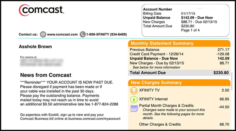 Someone at Comcast changed her husband's name to A**hole on their bill