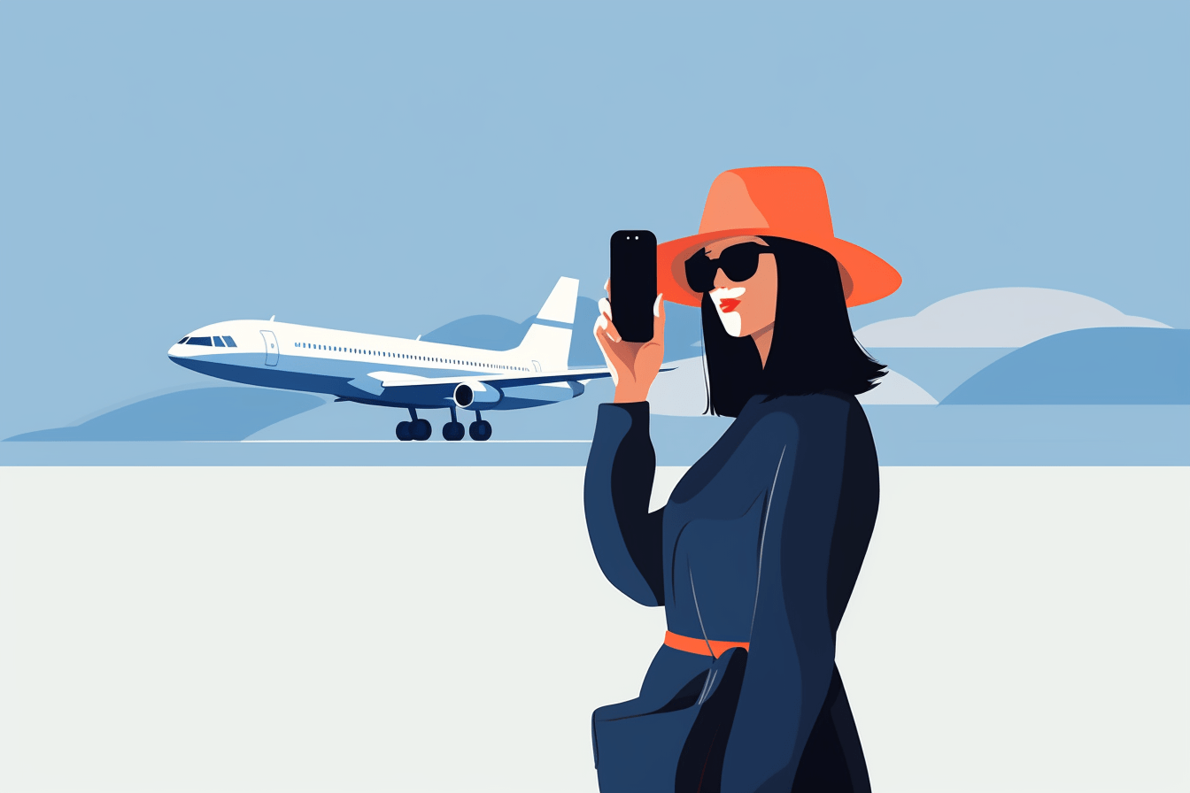 Woman taking picture on a plane.