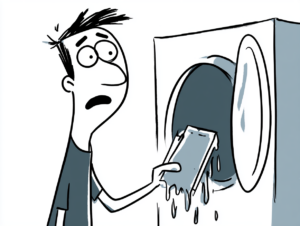 Cartoon illustration of a worried traveler holding a soaked passport beside a washing machine after it accidentally went through the laundry.