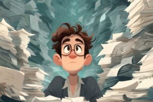 Editorial cartoon illustration of an exasperated young man with messy brown hair and large round glasses looking upward in defeat while surrounded by towering stacks of white paper documents piled high on both sides and in front of him, illustrating the frustration of repeatedly submitting the same documents to a travel insurance company that refuses to process the claim