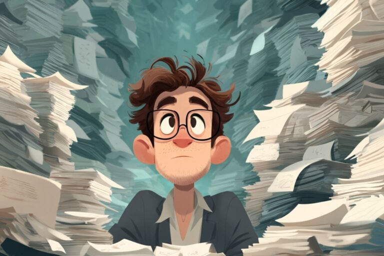 Editorial cartoon illustration of an exasperated young man with messy brown hair and large round glasses looking upward in defeat while surrounded by towering stacks of white paper documents piled high on both sides and in front of him, illustrating the frustration of repeatedly submitting the same documents to a travel insurance company that refuses to process the claim