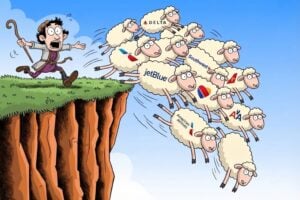 Cartoon of a shepherd watching sheep branded with airline logos (Delta, American, JetBlue, Southwest) jump off a cliff, illustrating airlines following each other on fuel surcharges
