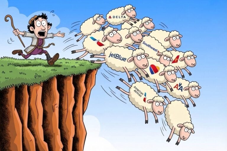 Cartoon of a shepherd watching sheep branded with airline logos (Delta, American, JetBlue, Southwest) jump off a cliff, illustrating airlines following each other on fuel surcharges