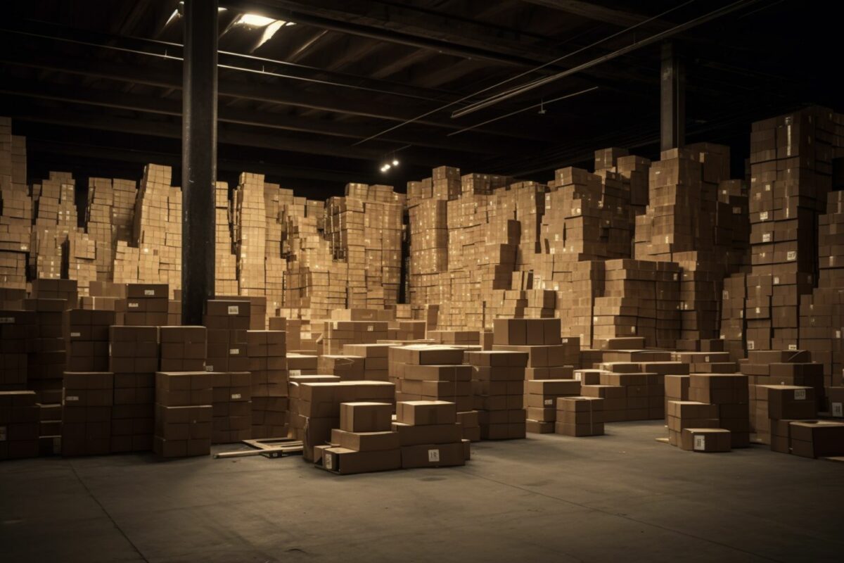 An Amazon warehouse. One of these is the Amazon return package.