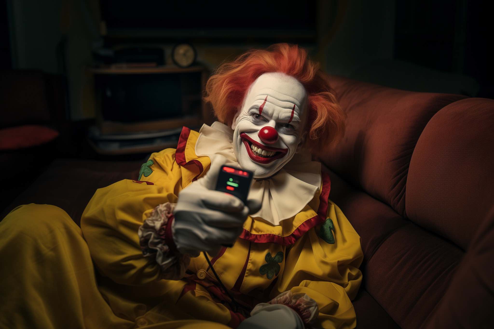 Clown with TV remote. Did he damage his hotel room?