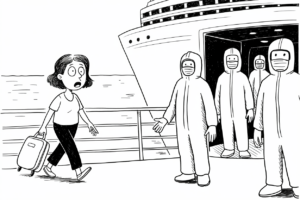 Black and white editorial cartoon showing a worried woman with short hair pulling a small rolling suitcase down a pier with her mouth open in alarm, while four masked workers in white hazmat suits stand in front of a large white cruise ship's open dark hold preparing to board, illustrating the cruise industry's mounting safety crisis of viral outbreaks, deaths, and federal scandals during summer 2026