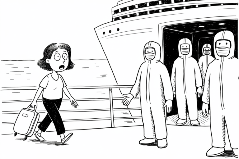 Black and white editorial cartoon showing a worried woman with short hair pulling a small rolling suitcase down a pier with her mouth open in alarm, while four masked workers in white hazmat suits stand in front of a large white cruise ship's open dark hold preparing to board, illustrating the cruise industry's mounting safety crisis of viral outbreaks, deaths, and federal scandals during summer 2026