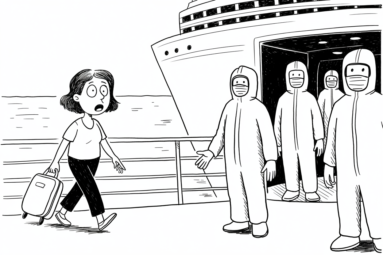 Black and white editorial cartoon showing a worried woman with short hair pulling a small rolling suitcase down a pier with her mouth open in alarm, while four masked workers in white hazmat suits stand in front of a large white cruise ship's open dark hold preparing to board, illustrating the cruise industry's mounting safety crisis of viral outbreaks, deaths, and federal scandals during summer 2026