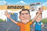 Editorial cartoon showing a frustrated middle-aged man in an orange t-shirt with a five-o'clock shadow waving his hand in exasperation while another man in a blue Amazon vest holds up his driver's license skeptically in front of a large Amazon warehouse building under a blue sky, illustrating Amazon's automated identity verification system repeatedly rejecting a customer's valid U.S. driver license before issuing a refund for a defective product