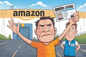 Editorial cartoon showing a frustrated middle-aged man in an orange t-shirt with a five-o'clock shadow waving his hand in exasperation while another man in a blue Amazon vest holds up his driver's license skeptically in front of a large Amazon warehouse building under a blue sky, illustrating Amazon's automated identity verification system repeatedly rejecting a customer's valid U.S. driver license before issuing a refund for a defective product