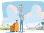 Editorial illustration showing a thin man with brown hair and round glasses standing with arms crossed next to two orange roller suitcases on an airport tarmac with palm trees and a small white airplane visible in the background, illustrating a passenger left stranded after an airline schedule change forced him to buy replacement flights at his own expense