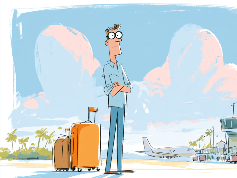 Editorial illustration showing a thin man with brown hair and round glasses standing with arms crossed next to two orange roller suitcases on an airport tarmac with palm trees and a small white airplane visible in the background, illustrating a passenger left stranded after an airline schedule change forced him to buy replacement flights at his own expense