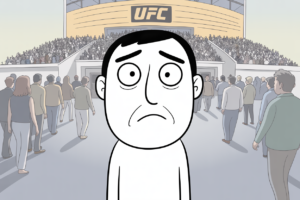 Cartoon of a glum man standing alone outside a packed UFC arena as crowds stream past him to the entrance, illustrating a fan shut out of an event he paid for but could not attend.