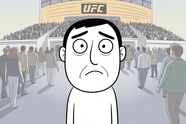 Cartoon of a glum man standing alone outside a packed UFC arena as crowds stream past him to the entrance, illustrating a fan shut out of an event he paid for but could not attend.