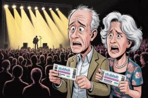 Illustrated couple holding StubHub tickets at a concert, looking shocked after their seats were downgraded despite the FanProtect Guarantee