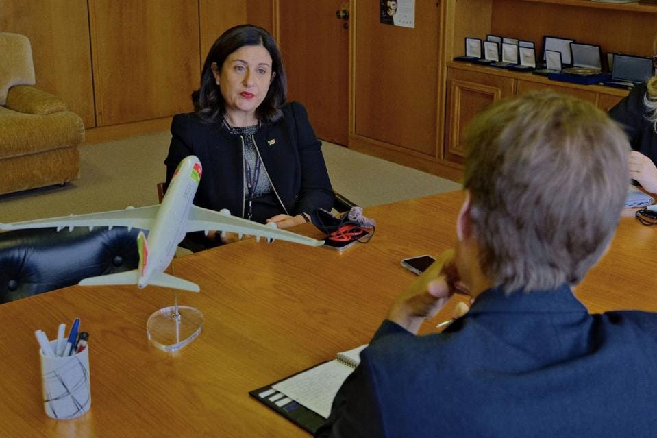 Christopher interviews TAP Air Portugal CEO Christine Ourmières-Widener at the airline's headquarters in Lisbon.