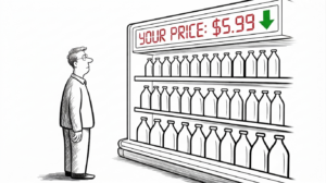Editorial cartoon showing a man with glasses standing in front of a store shelf filled with bottles, looking up at a digital sign that displays "YOUR PRICE: $5.99" in red LED letters with a green arrow, illustrating how surveillance pricing creates personalized prices based on consumer data