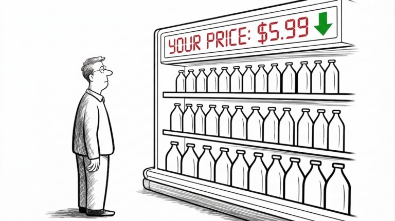 Editorial cartoon showing a man with glasses standing in front of a store shelf filled with bottles, looking up at a digital sign that displays "YOUR PRICE: $5.99" in red LED letters with a green arrow, illustrating how surveillance pricing creates personalized prices based on consumer data