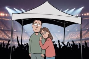 Illustration showing a frustrated couple standing under a large white VIP tent at a concert venue, with the tent blocking their view of the illuminated stage and crowd in the background, depicting how Ticketmaster sold premium second-row seats without disclosing the view obstruction