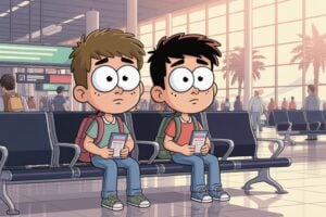 Two worried teenage boys sit in an airport terminal holding boarding passes after an unaccompanied minor travel problem.