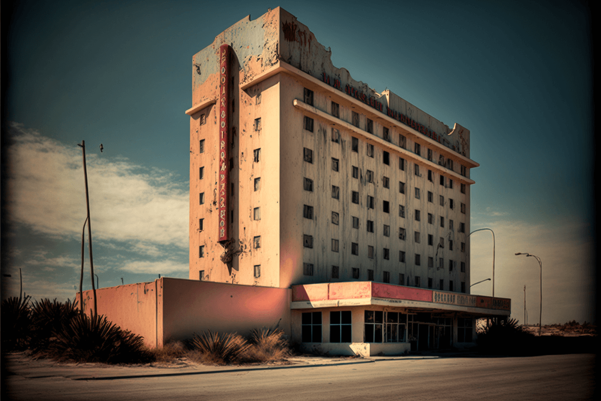 Boarded up hotel.