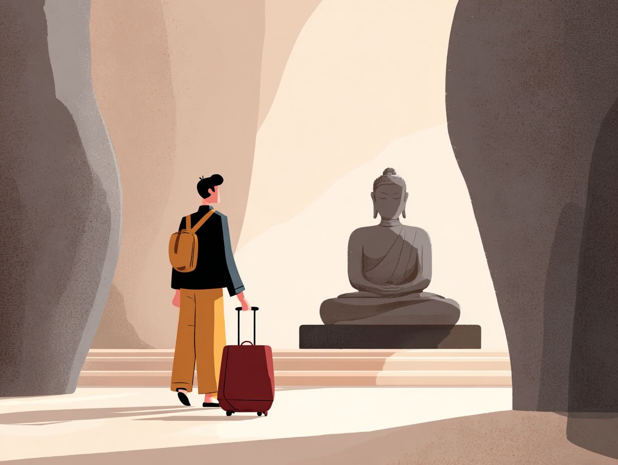abstract minimalist cartoon illustration of young man with rollaboard luggage, approaching a buddha statue.