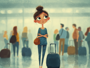Soft pastel digital illustration of a young teenage girl with a messy brown bun and large worried eyes standing alone with her arms crossed and a small brown shoulder bag, beside her dark blue rolling suitcase, in the middle of a busy blurred airport terminal with other travelers and luggage in the background, illustrating a 13-year-old unaccompanied minor stranded at LAX after United Airlines denied boarding for a connecting flight the airline itself had authorized
