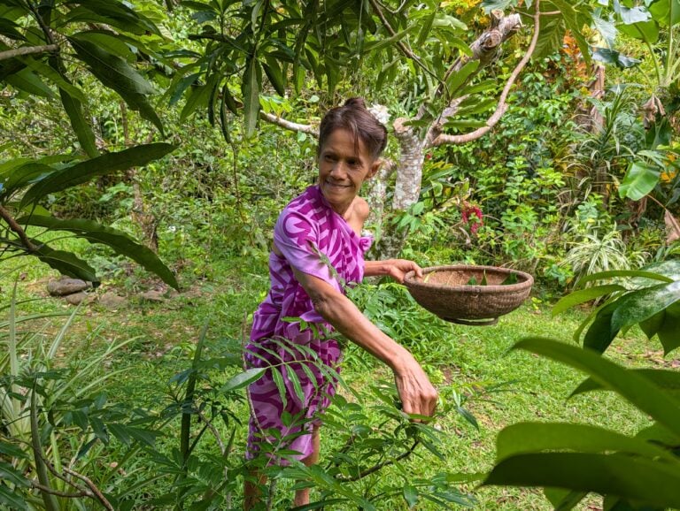 Vicky Tohopu, owner of NIU Shack in Raiatea, collects herbs for her vegan lunch