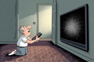 Editorial cartoon showing a frustrated middle-aged guest kneeling on the patterned hotel carpet pointing a complicated remote control at a large wall-mounted TV displaying static, illustrating how smart hotel room technology fails guests trying to perform basic functions like turning on the television