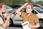 Cartoon of a distressed man holding a paper marked "BANNED" and clutching his head in a rental car lot, while a smiling rental agent gestures beside a row of cars.