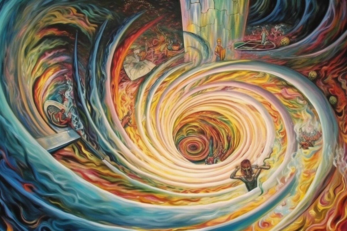 Painting of a whirlpool of appliances.
