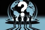 Editorial illustration showing four silhouetted figures with their hands raised to their heads in confusion or doubt, standing on concentric ring patterns and looking up at a large dark-blue globe of Earth with a giant white question mark hovering in front of it, illustrating how travelers are increasingly questioning the recommendations of professional travel experts in an age of paid influencers and commission-driven advice
