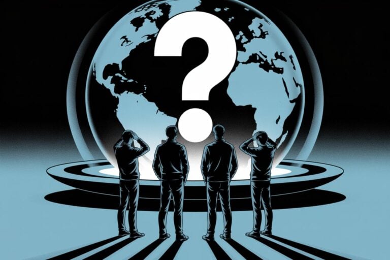 Editorial illustration showing four silhouetted figures with their hands raised to their heads in confusion or doubt, standing on concentric ring patterns and looking up at a large dark-blue globe of Earth with a giant white question mark hovering in front of it, illustrating how travelers are increasingly questioning the recommendations of professional travel experts in an age of paid influencers and commission-driven advice