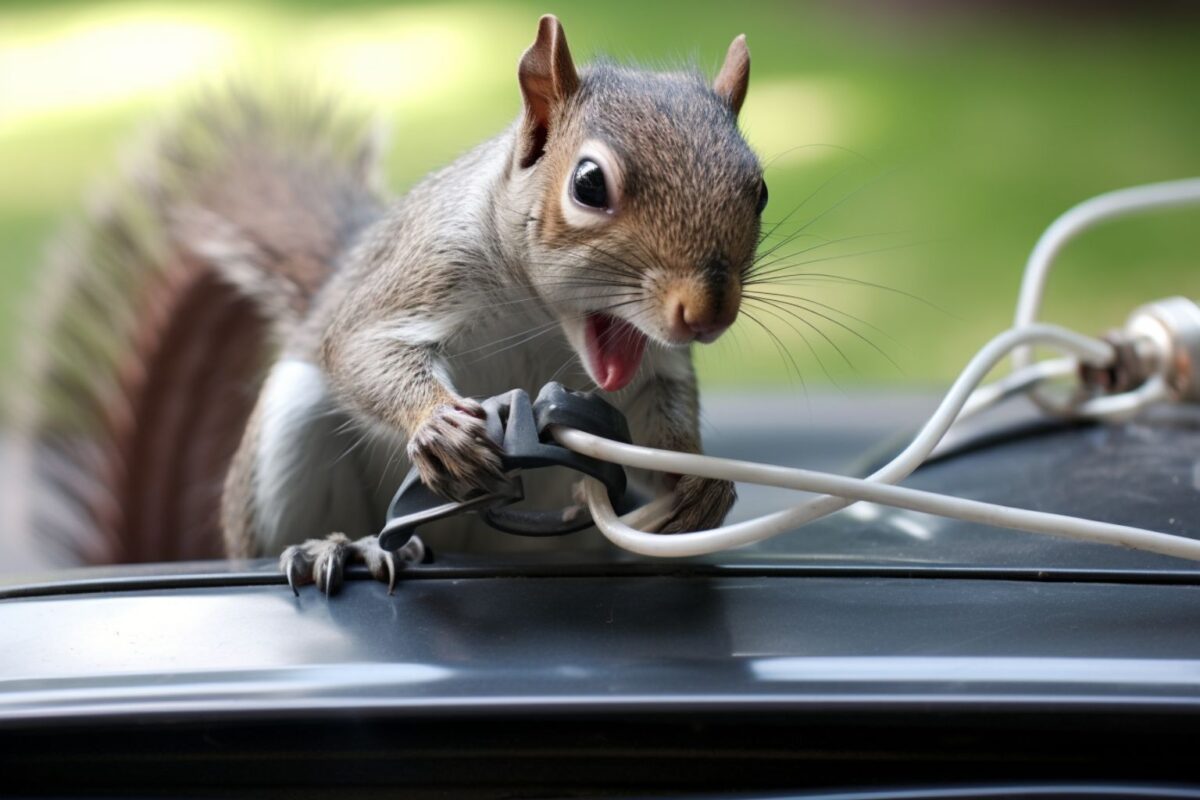 squirrel eating cables of rental car
